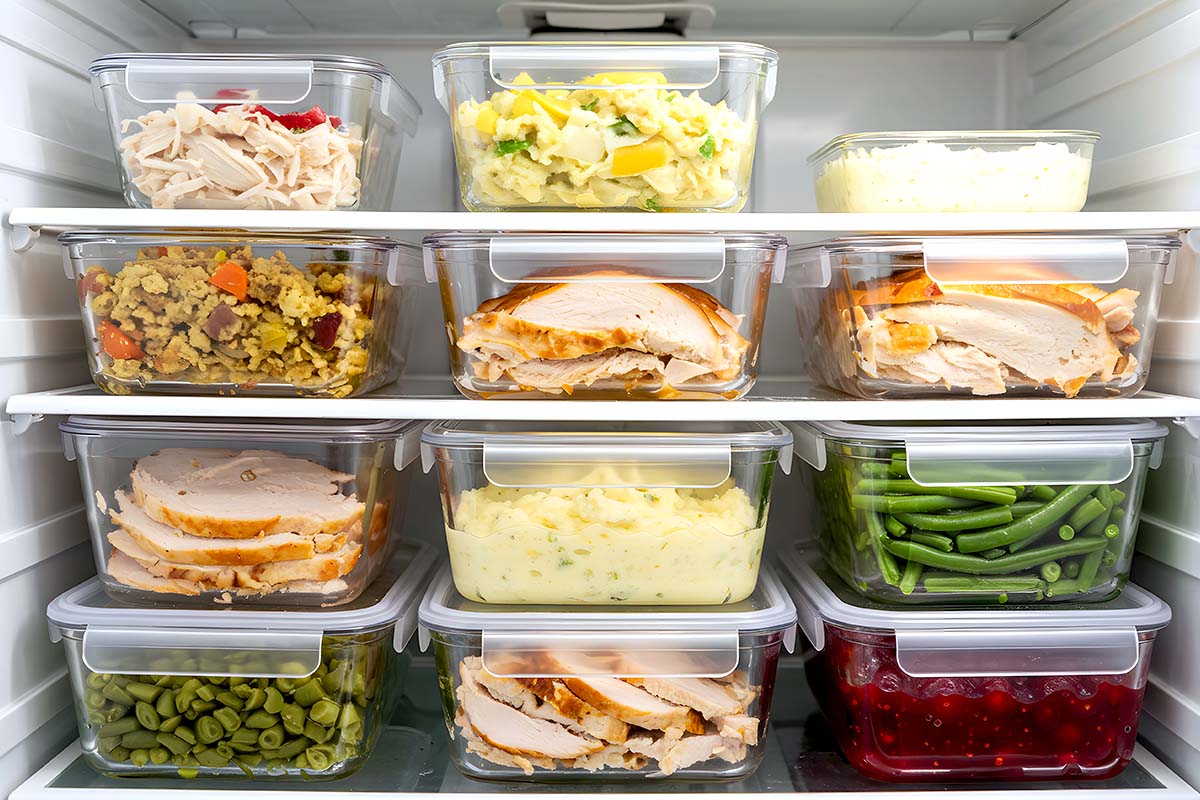 Food storage containers neatly arranged in a refrigerator
